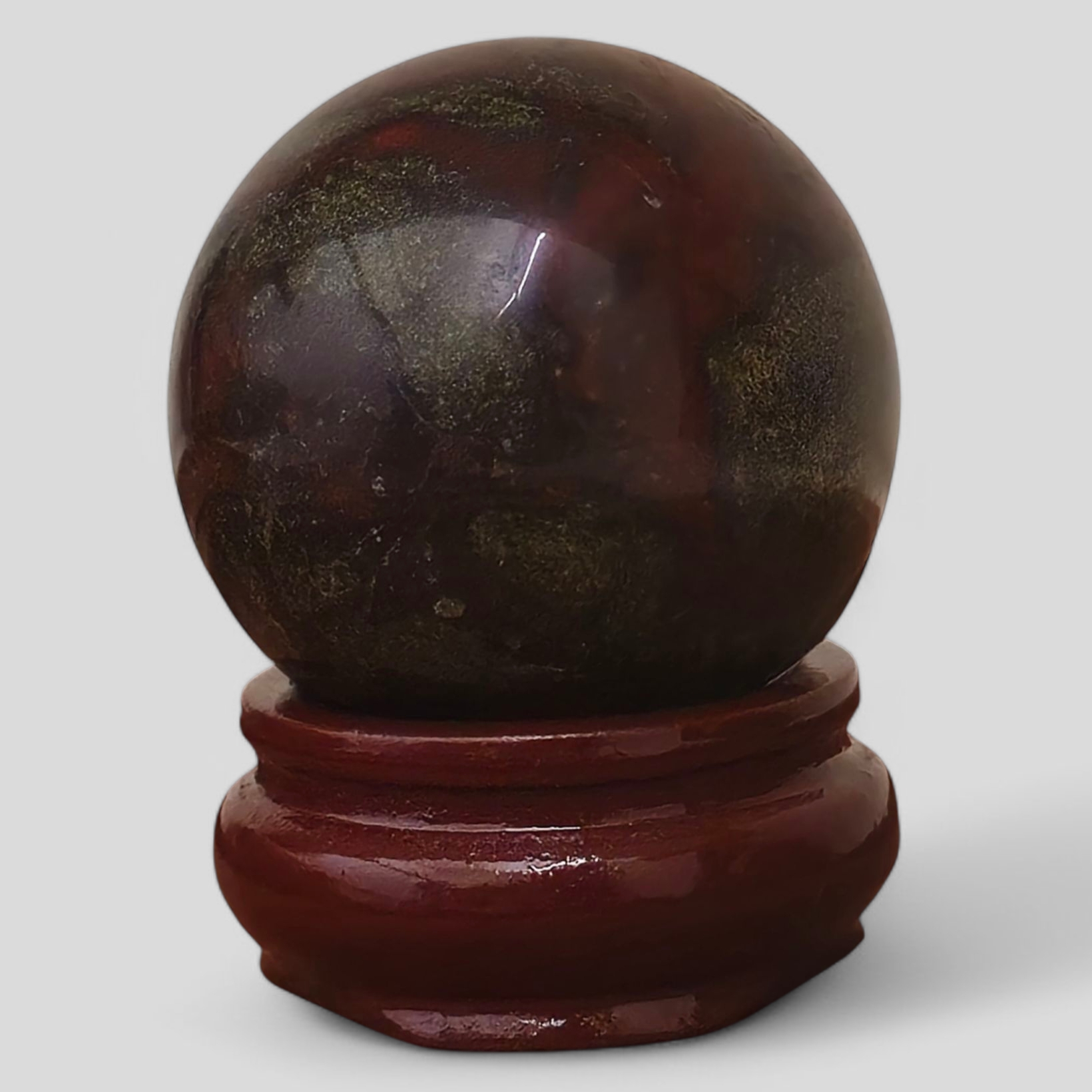 African Bloodstone Sphere with Wooden Stand