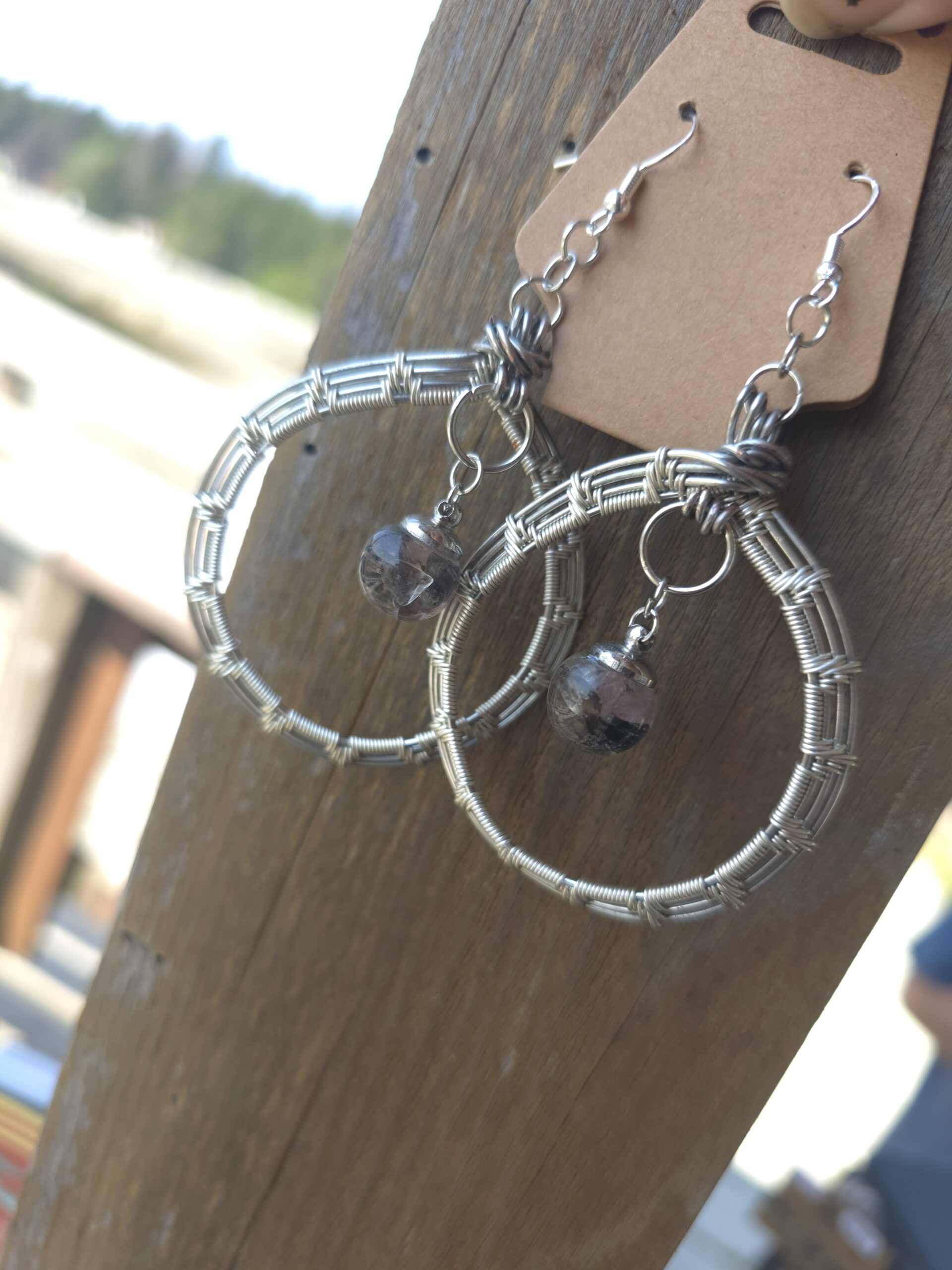 Woven Shields – Quartz-Filled Wire Hoop Earrings