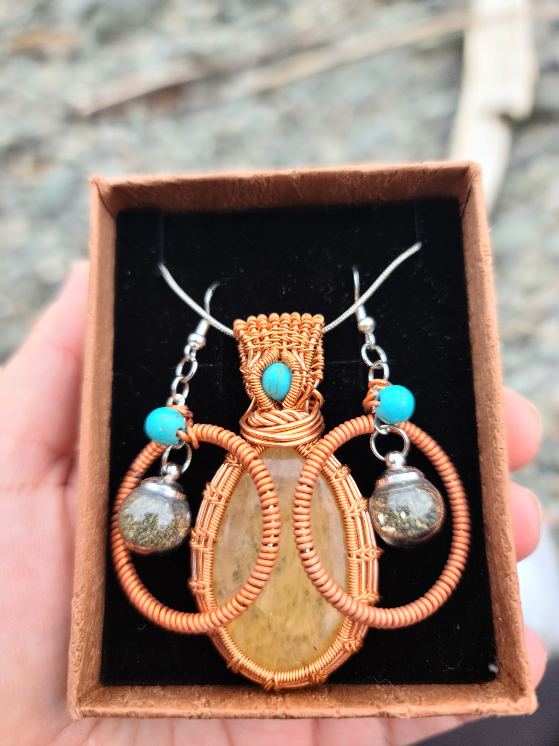 Citine Worry Stone Wire Wrapped Pendant & Sand Filled Earring Set -Turquoise Accent
